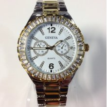 Two Tone Bracelet White Dial Ladies Geneva Iced Out Chrono Watch Lg1