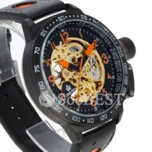 Unique Classic Skeleton Auto Automatic Mechanical Sports Men Leather Wrist Watch