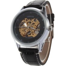 Unique Men's Automatic Mechanical Leather Wrist Watch Hollow Engraving Silver