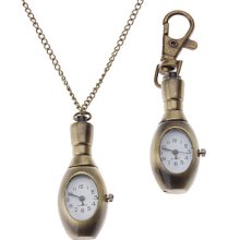 Unisex Bowling Style Alloy Quartz Analog Keychain Necklace Watch (Bronze)