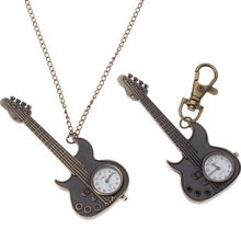 Unisex Guitar Style Alloy Quartz Analog Keychain Necklace Watch (Bronze)