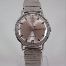 Vintage 1968 Silver Color Timex Wind Up Retro Style Men's Watch with Sweep Second Hand & New Silvertoned Center Expansion Band