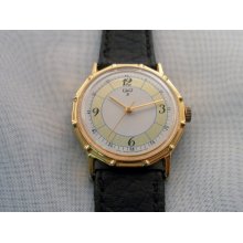 Vintage 1980s Japan Q&Q S Goldtone, White and Green Dial Face w Bamboo Case Design. Mechanical Wind Up Working Watch. Black Band.