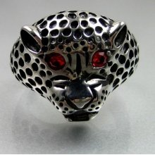 Vintage Biker Mens Black Silver Stainless Steel Red Eye Jaguar Ring