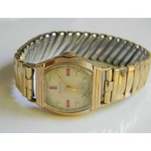 ViNTaGe FauX DIAMOND RUBY WATCH BeNRuS MeNs UniSeX GoLD FiLL ExPanDaBLe STReTCH BaND
