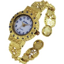 Vintage Gold Filigree Marcasite Crystal Bezel Cuff Bracelet Watch Usa Seller