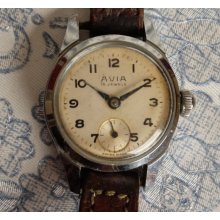 Vintage Ladies Avia Military Style Watch Circa 1940s, Blue Steel Hands, Swiss Watch, Avia Watch