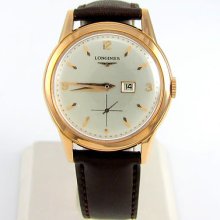Vintage Longines 18k Rose Gold Manual Wind Date Watch & Brown Leather Band - Rs