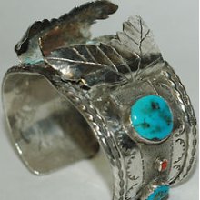 Vintage Men's Turquoise Coral Watch Cuff Sterling Silver Signed