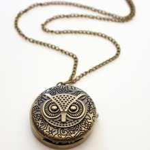 Vintage Owl Pendant Pocket Watch Necklace in antique bronze tone