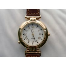 Vintage Timex Indiglo Watch. White Dial Gold Roman Numerals. Org Blue Brown Leather Strap. Mvt M646-3 . Runs Fine.