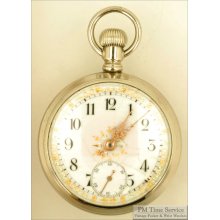 Waltham 16S 17J vintage pocket watch, silver-toned screw back & bezel smooth polish case, fancy enamel 2-tone dial