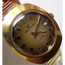 Waltham Men's Swiss Made 17Jwl Gold Calendar Interesting Case Watch w/ Bracelet