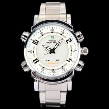 Weide Mens White Large Dial Silver Steel Digital Led Quartz Wrist Watch