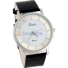 Womage High-grade Men's White Round-Tone Case Black Leather Strap Analog Watch