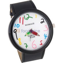 WOMAGE Number Dial Pencil Hands Women's Analog Watch (Black)