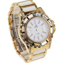 Women Zircon Material Crystal Mirror Surface White and Golden Watch
