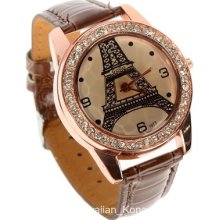 Women's Rose Gold Eiffel Tower Dial Crystal Pu Leather Band Watch Brown