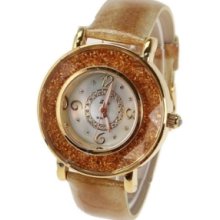 Women's Zircon Material Crystal Mirror Surface Golden Leather Watch...