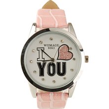 You I Love Pattern PU Leather Band Cute Quartz Lady's Wrist Watch - Pink