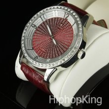 1 Row Clear Crystal Bling Bezel Iced Out Red Hip Hop Lil Wayne Custom Watch