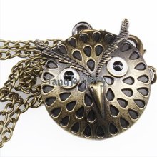 1x 403094 Alloy Vintage Bronze Owl Charms Pocket Watch Long Chain Necklace
