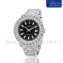 25.40ct Diamond Rolex Datejust Ii 41mm Black Index Dial Stainless Steel Watch