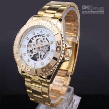 4 Pieces Wristwatch N7445 Men White Skeleton Dial Mechanical Gold St