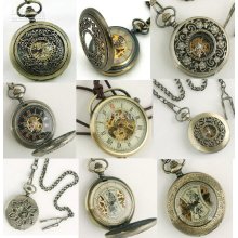 6pcs Mix Bronze Copper Flower Men Skeleton Pocket Watch Fob Chain Vi