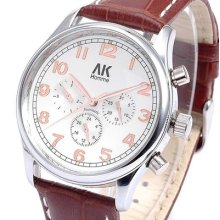 Ak-homme Mens Day Date Rose Gold Leather Band Automatic Mechanical Watch Ak055