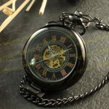 All Black Maginfying Case Cover Men Hand-winding Mechanical Pocket Watch Chain