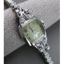 Antique 1.20ct Old Mine Diamond 14kt White Gold Bulova Square Face Watch 2199