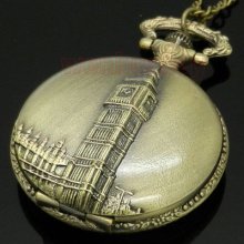 Antique Bronze Big Ben London Quartz Pocket Watch Necklace Pendant Xmas Gift P82