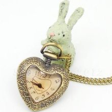 Antique Bronze Heart Shape Quartz Pocket Watch Long Chain Pendant Necklace