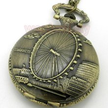 Antique Bronze London Eye Quartz Pocket Watch Necklace Pendant Gift P83