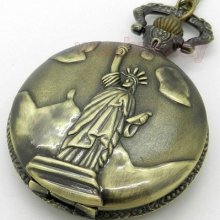 Antique Bronze Statue Of Liberty Pocket Watch Pendant Necklace Mens Us Gift P30