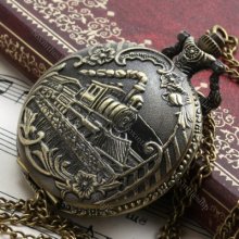Antique Bronze Train Necklace Pendant Pocket Quartz Watch + Chain B019