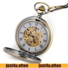 Antique Hollow Cover Golden Skeleton White Hand Wind Mechanical Pocket Watch
