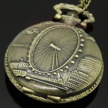 Antique London Eye Chain Quartz Pocket Watch Necklace Pendant Women Gift P83