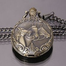 Antique Style Bronze Tone Chain Vintage Horse Pendant Gift Quartz Pocket Watch