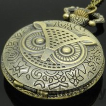 Antique Style Owl Black Tone Mens Quartz Analog Pocket Watch Chain P02