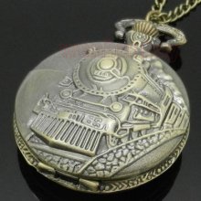 Antique Train Front Locomotive Engine Necklace Pendant Quartz Pocket Watch P107