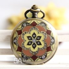 Antique Vintage Bronze Quartz Pocket Watch Crystal Colorful Resin Necklace Pw900