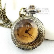 Antique Vintage Small Bronze Glass Quartz Pocket Watch Pendant Neckl