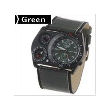 Army Style Round Quartz Wristwatch with Compass Thermometer - Green