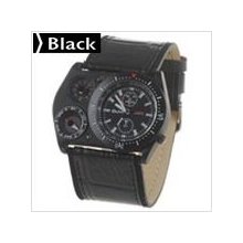Army Style Round Quartz Wristwatch with Compass Thermometer - Black