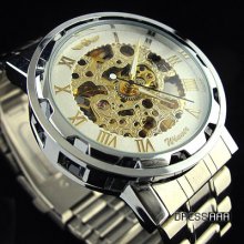 Automatic Mechanical Men White Hollow Steel Band Wrist Watch Roman Numerals