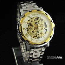 Automatic Mechanical Men White And Golden Hollow Steel Band Wrist Watch