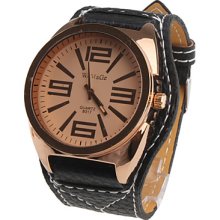 Big Retro Girl Women Watch Black Watchband Gold Dial Plate 9317