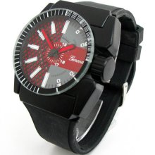 Black & Red Large Case Geneva Silicone Rubber Band Sport Men's Watch